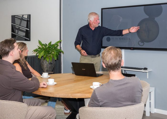Perry uitleg aan groep staand